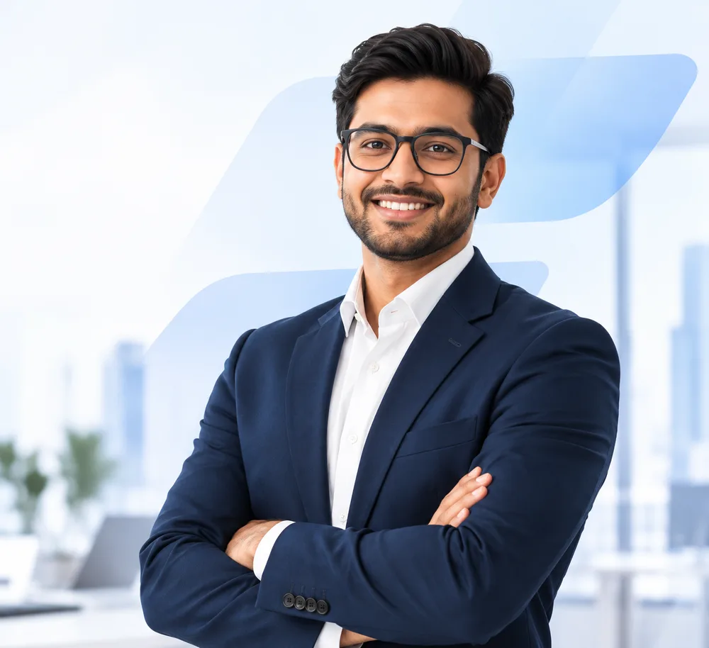 Smiling business professional in a navy blazer